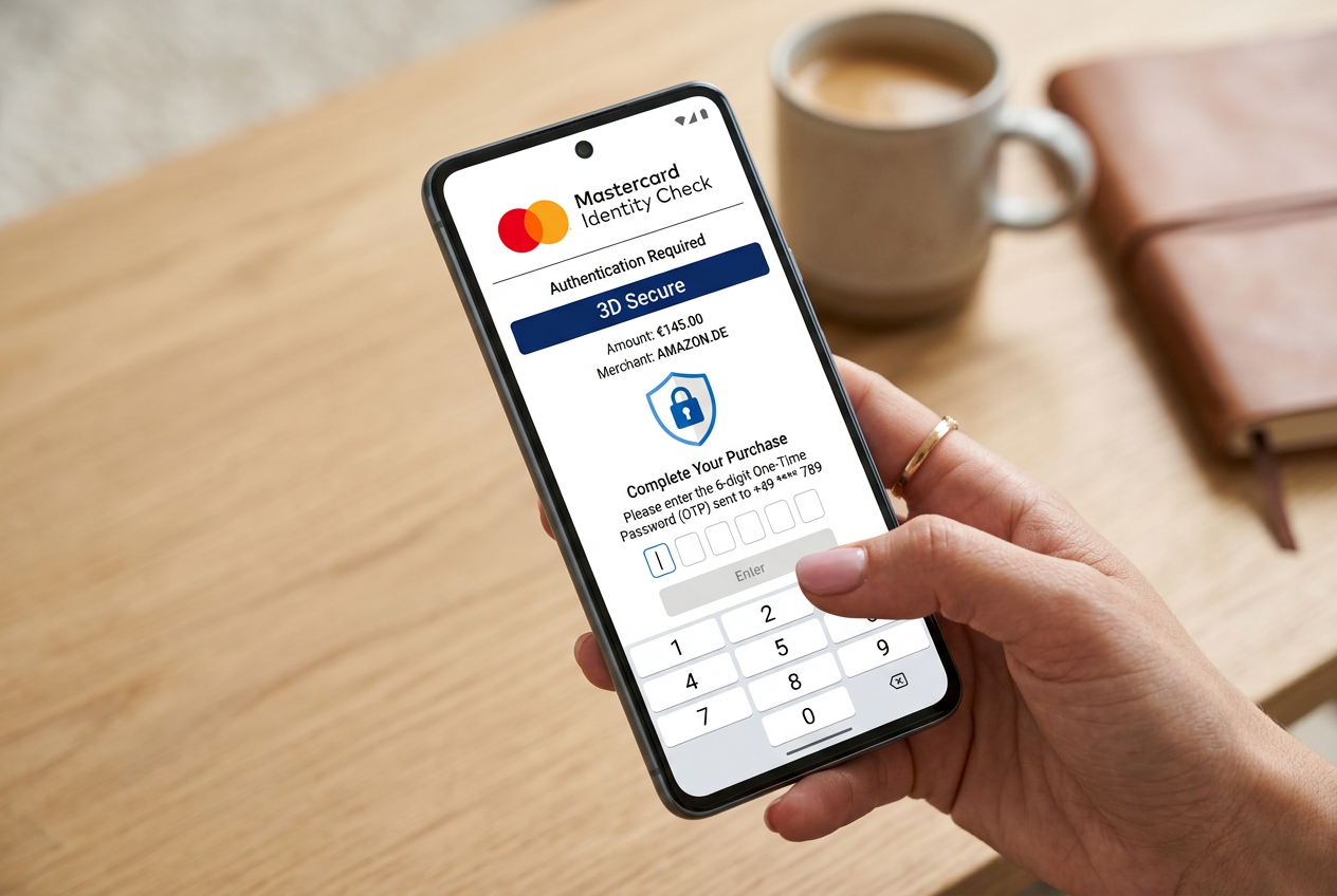 A close-up of a smartphone screen showing a secure payment confirmation for a Mastercard transaction.