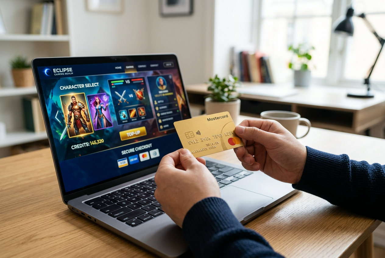 A person using a Mastercard to make a secure online payment on a laptop.