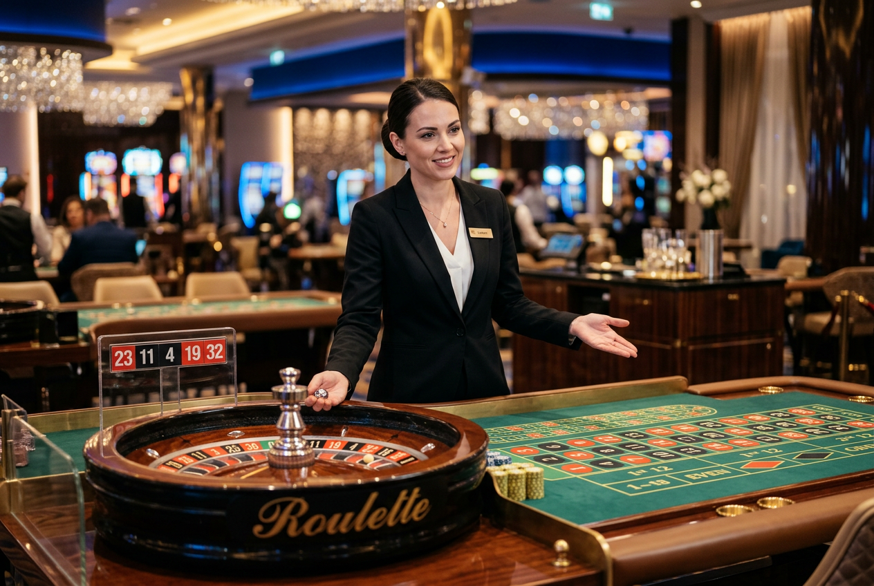 A professional live casino dealer at a luxury roulette table.
